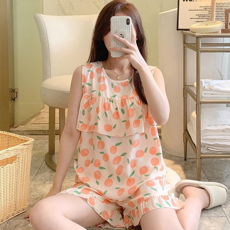 Anti-bumping Pajamas Women's Summer Vest Shorts Set Cotton and Silk Loungewear Can Be Worn Outside Loose Large Size Sweet and Cute