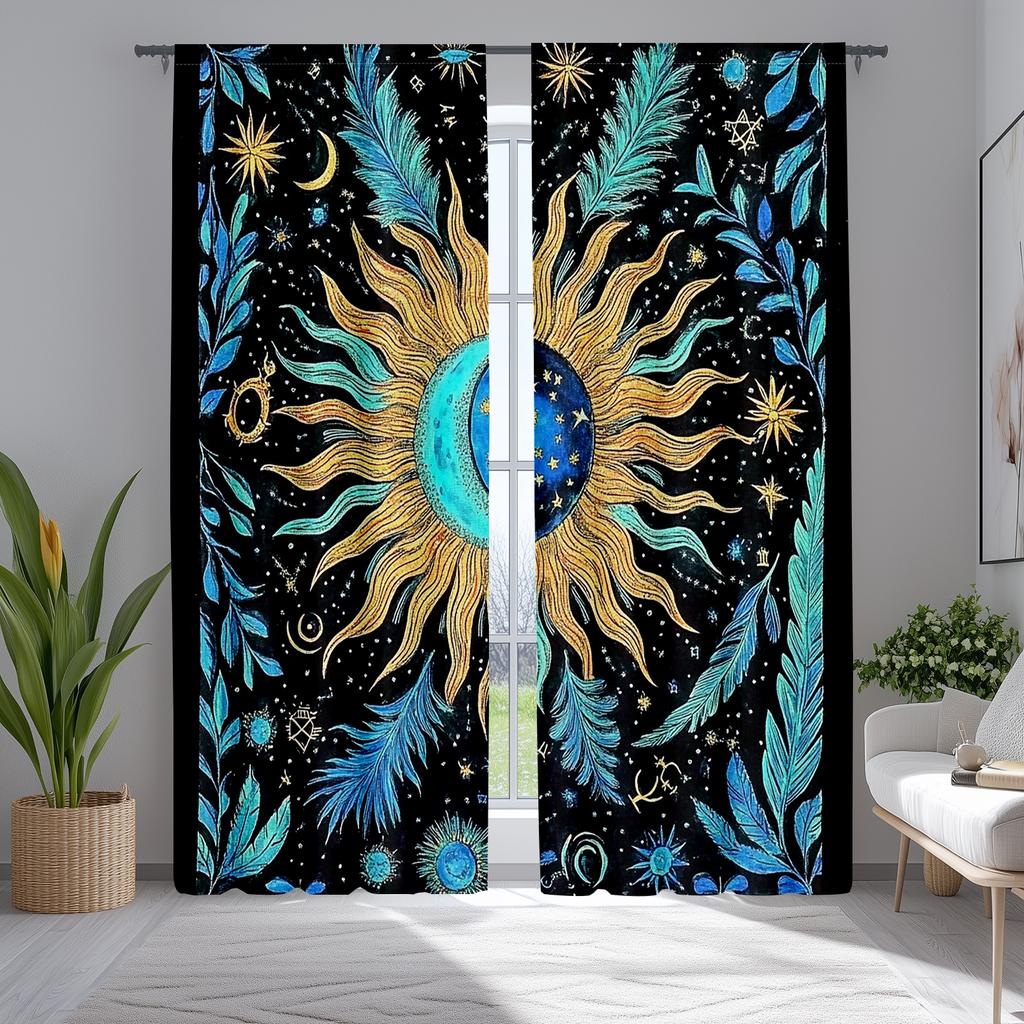 2pcs Astrology-Themed Blackout Curtains, Moon Phase & Feather Print, Polyester Drapes in Blue and Black, Bedroom Curtains|Moon P