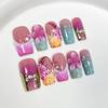 10Pcs Wine Red Gradient French Square Press On Nails With 3D Flowers Handmade Stick On False Nails
