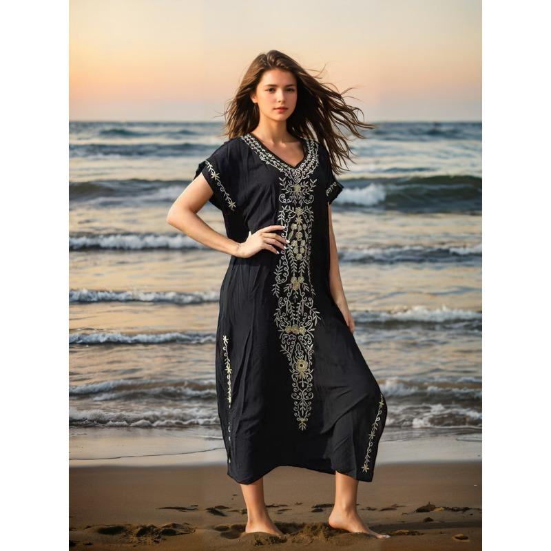 Plus Size Women's Beach Holiday Blouse Vintage Style Embroidered Long Dress