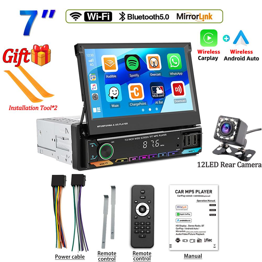 7 Inch Retractable Touch Screen Car Radio Single Din Multimedia Video Player Wireless Carplay Android Auto Car Audio Receivers