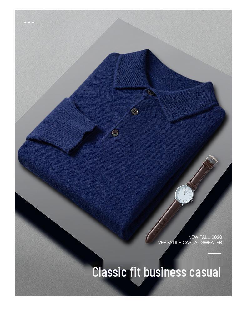 Men's Wool Cashmere Sweater - Long Sleeve Turn-Down Polo Collar Pullover for Autumn/Winter