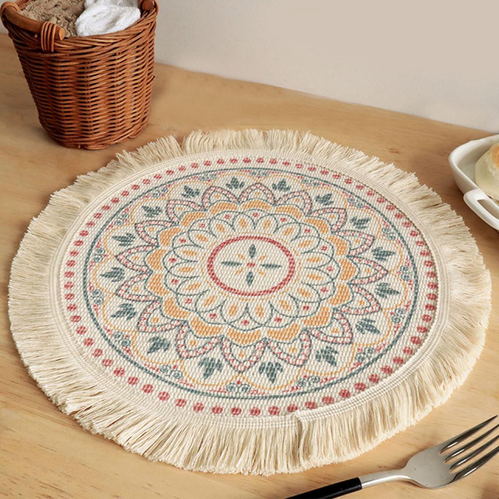 Placemat Cotton Polyester Round Soft Comfortable Woven Placemat with Tassels for Kitchen Decor C S