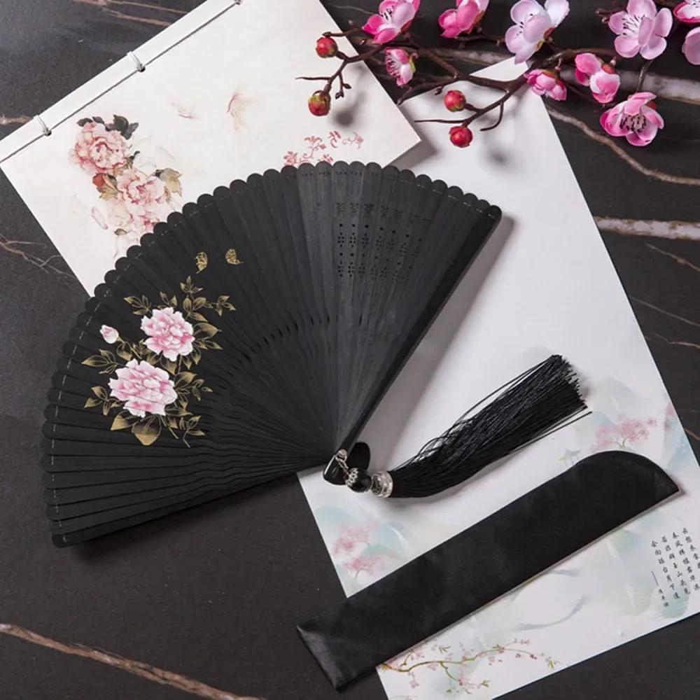 Chinese Style Japanese Classical Folding Fan Black Ancient Style Women's Folding Fan Portable Handmade Hand Fans Home Decoration