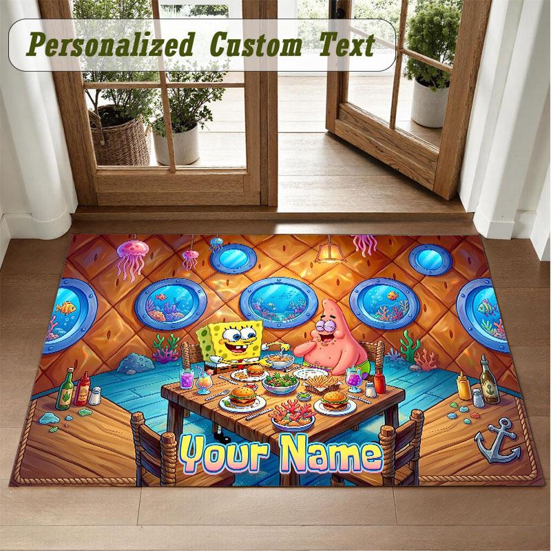 Crystal Velvet Square Rug Custom NameSpongeBob Pattern Non Slip Home Floor Decor Rug