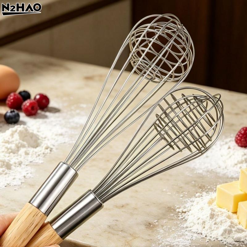 1PCS Stainless Steel Eggbeater Cream Mixer Spin Stirrer Egg Whisk Manual Wood Handle Knead Dough Rotary Eggbeater Stiring Stick