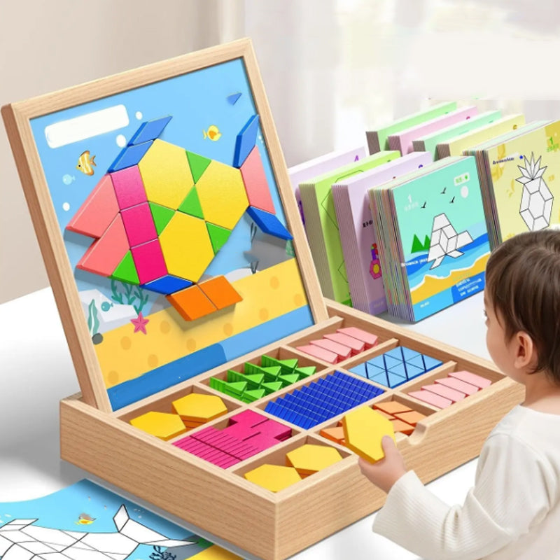Creative Magnetic Geometric Puzzle Blocks Set Wooden Puzzles Kindergarten Classic Educational Montessori Tangram Toys for Kids