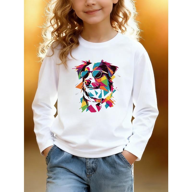 European sizes Kids' Cartoon Print Round Neck Top, Featuring a Cartoon Dog Design on a Long Sleeve T-Shirt. Perfect for Everyday Casual Wear