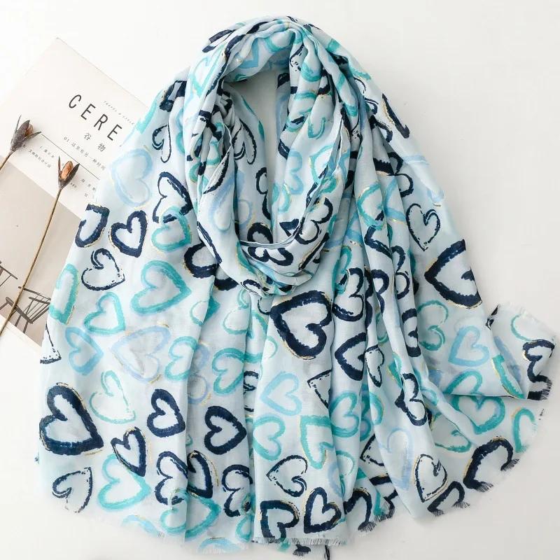 

Pink Heart Print Women Viscose Scarf Shawl Cotton Linen Feeling Tassel Pashmina Muslim Hijab Wrap Lady Ventilate Foulard 88x180cm