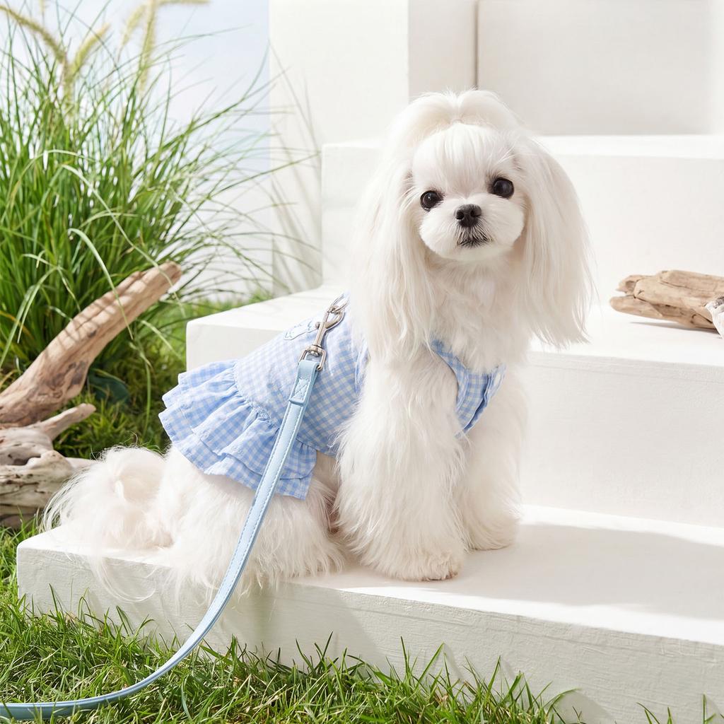 Cute Blue Plaid Dog Dress Breathable Bow Puppy Summer Clothes With Traction Harness For Small Medium Teddy Chihuahua Dog Clothes