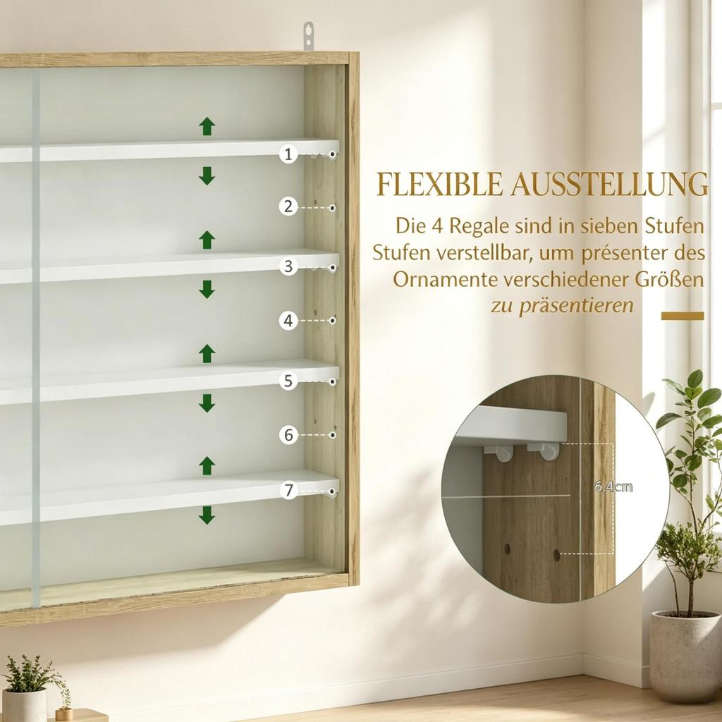 Wall display case for collections with 4 height-adjustable shelves and 2 sliding glass doors