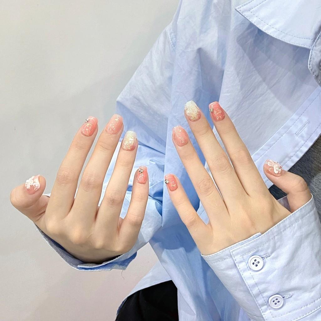 Unghie artificială FĂCUTĂ MÂNĂ Roz Floare blândă Blush Scară scurtă Fototerapie Unghii Unghii false Unghii reutilizabile și detașabile