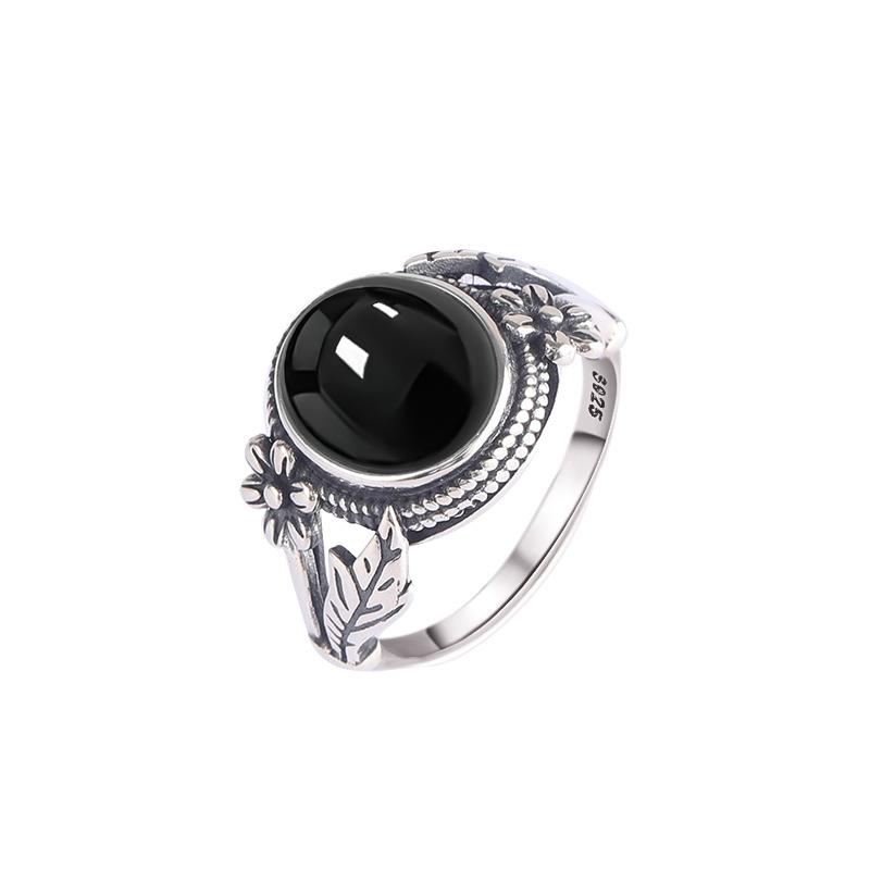 Vintage  Sterling Silver Natural Black Onyx 8*10mm Ring Flower Shaped Ring Fine Jewelry Finger Ring For Women