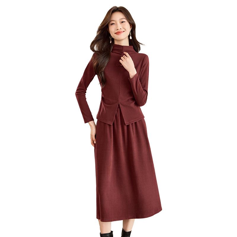 Moda de primăvară 2025: Rochie două piese groasă, periată, cu guler înalt și fustă midi (SH039)