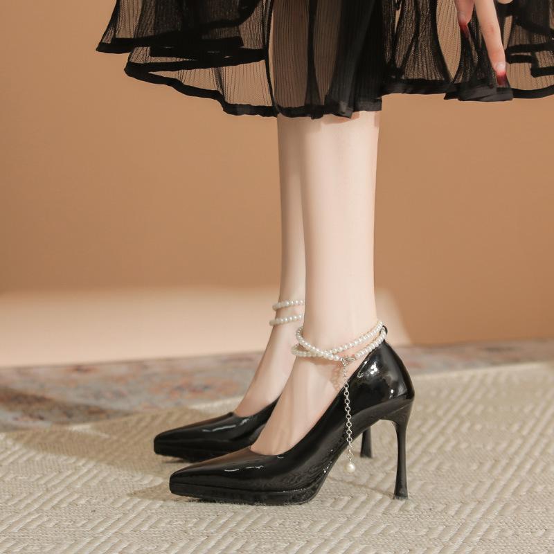 Patent Leather Waterproof Table High Heels Fairy Fairy Temperament Pearl Word with Light Mouth Thin Heel Not Tired Feet Single Shoes