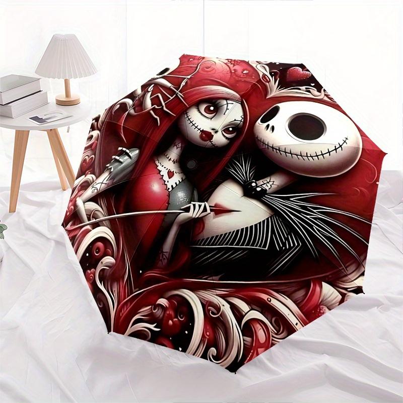 1 Ombrello Portatile Colorato con 8 stecche, a Tema Jack Skellington e Sally, Apribile Automaticamente, per Uomo e Donna, un Compagno Compatto per il Pendolarismo Adatto per Da