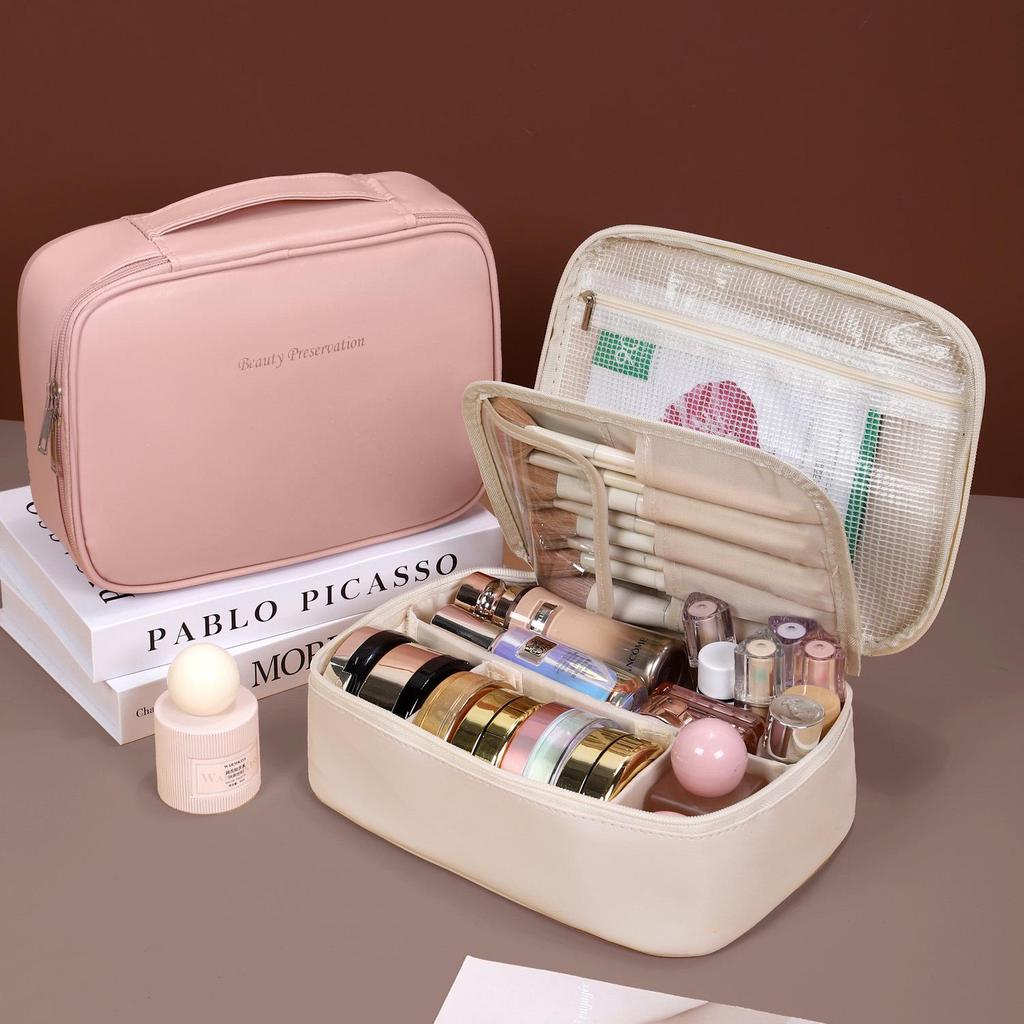 Waterproof PU Large Capacity Women's Makeup & Toiletry Bag with Partitioned Layers and Sturdy Design