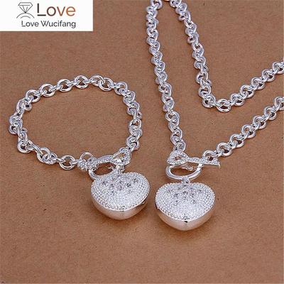 Pingente de coração de cristal 925 Prata Esterlina Pulseira colar para mulheres Moda festa de casamento acessórios de casamento Presente Conjunto de joias