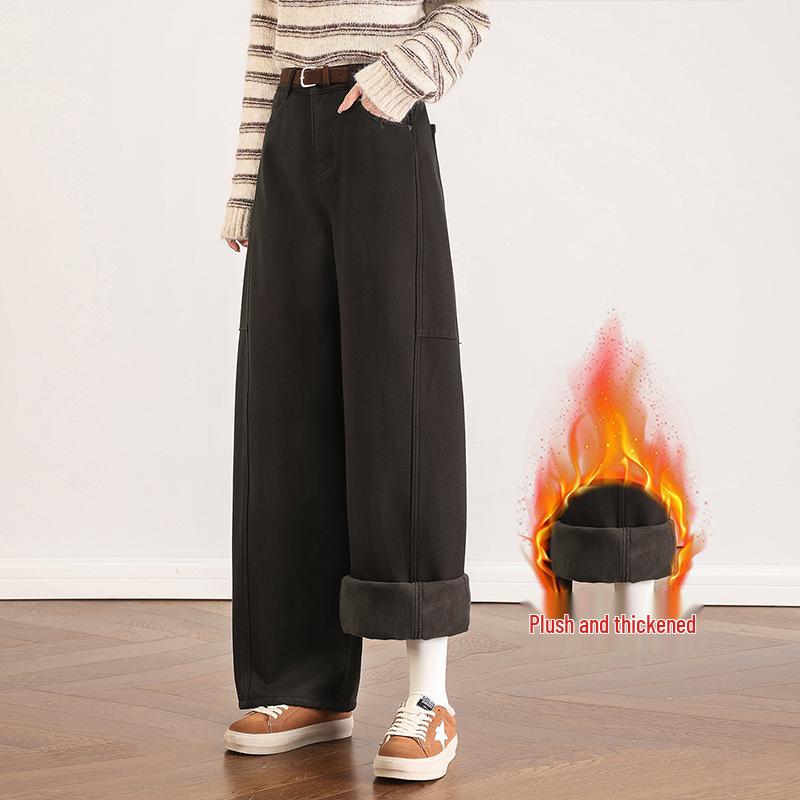 

Women s Black Curved Knife High-Waisted Velvet Lined Loose Wide Leg Jeans - Autumn/Winter Style 30 кофейный