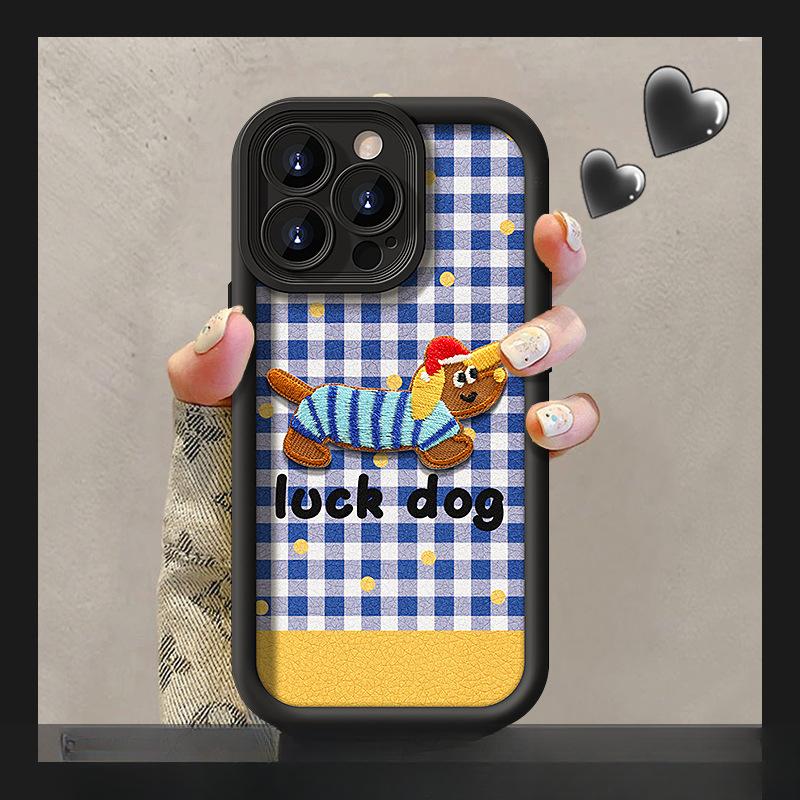 Blue Grid Embroidered Puppy Lanyard Applicable To Apple 15 Mobile Case IPhone 14PRO Lambskin 13 Maillard 7/8