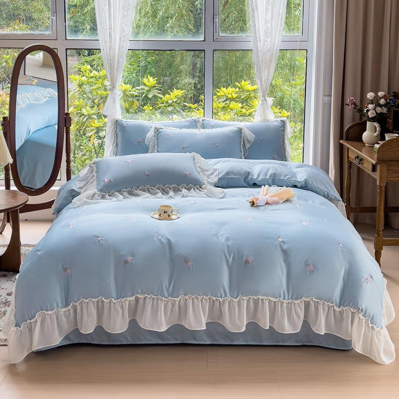 

Tencel Bedding Four-piece Light Luxury French Princess Style Ice Silk Comfortable Silky Sheet Quilt Cover Pillowcase 1.8m bed