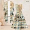 Women Plus Size Geometric Printed Two Piece Set Sleeveless Tie Waist Flared Dress 3 4 Sleeve Open Cardigan