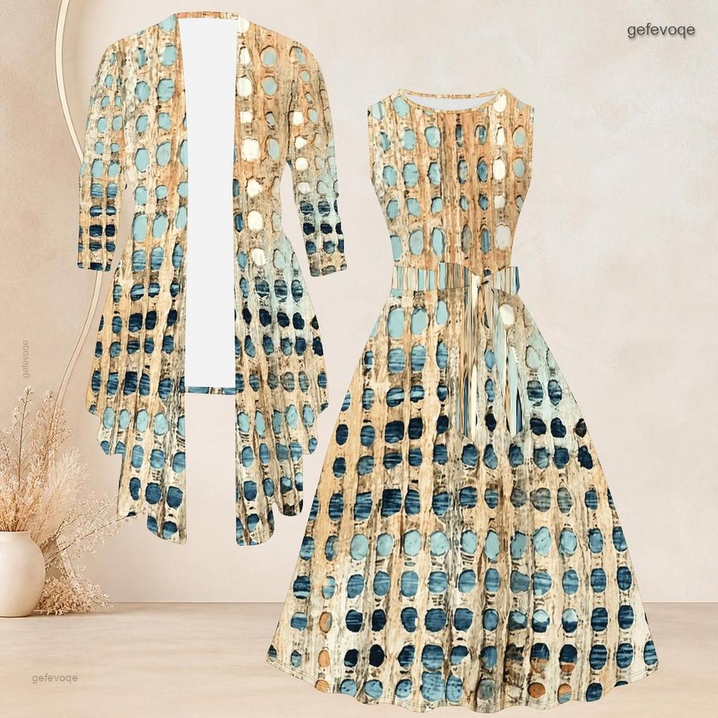 Women Plus Size Geometric Printed Two Piece Set Sleeveless Tie Waist Flared Dress 3 4 Sleeve Open Cardigan