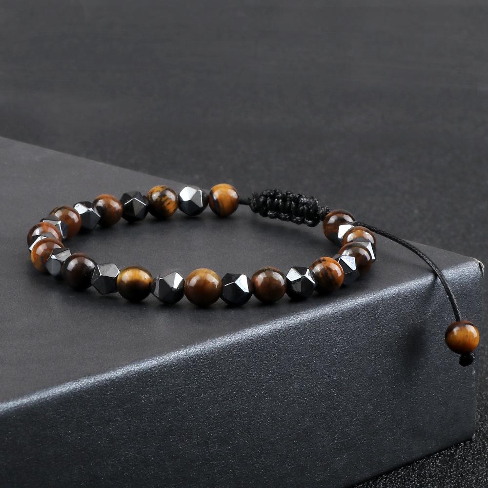 Verstelbaar Handgemaakt Geweven Armbandje met 6mm Geslepen Zwarte Galsteen Kralen