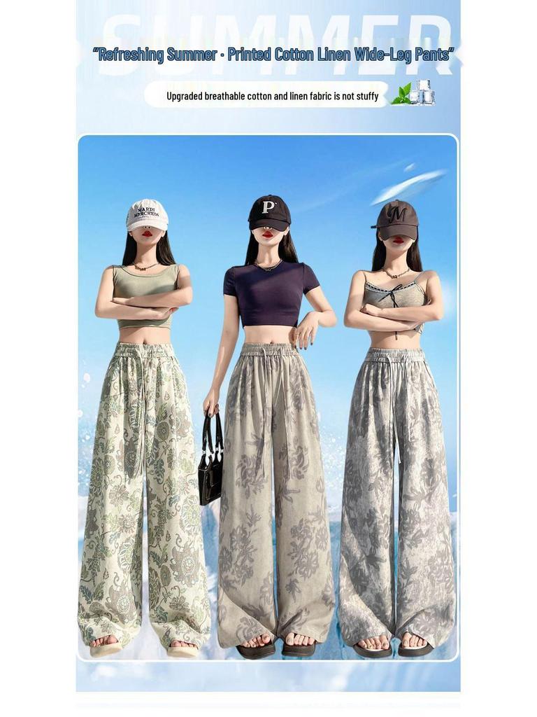 Women's Floral Wide-Leg Pants - Ice Silk, Cotton, Linen, Slimming, Casual Fit for Summer 2026