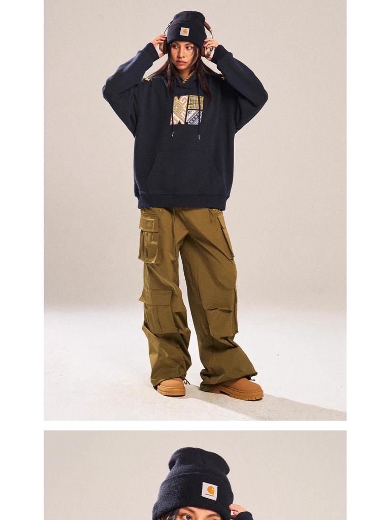 Retro Ethnic Style Men's Fleece-Lined Hooded Sweatshirt with Embroidery