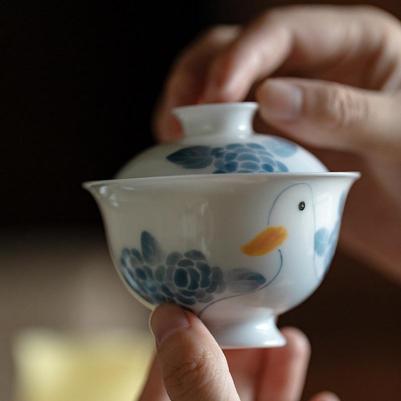 71ml Hand-painted Lucky Duck Gaiwan Handmade Tea Tureen Tea Bowl With Lid Kit Tea Brewing Cover Bowl Teaset Supplies Collection