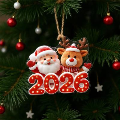 2D Flat Acrylic Cute Cartoon Santa Claus Snowman Elk Pendant 2026 Happy New Year Gift Xmas Tree Hanging Ornament Home Xmas Decor