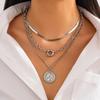 Retro portrait pendant stacked necklace set, personalized snake bone chain cross geometric jewelry