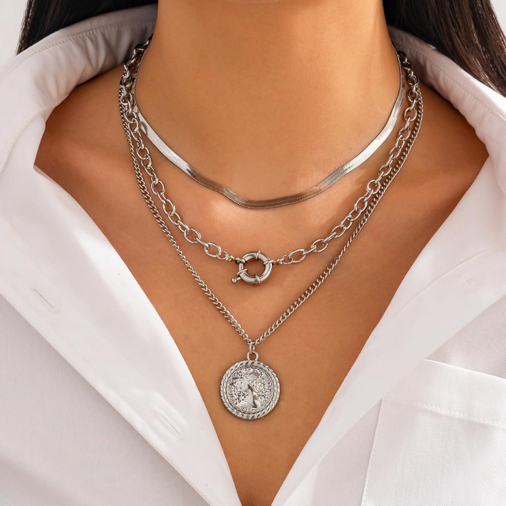Retro portrait pendant stacked necklace set, personalized snake bone chain cross geometric jewelry