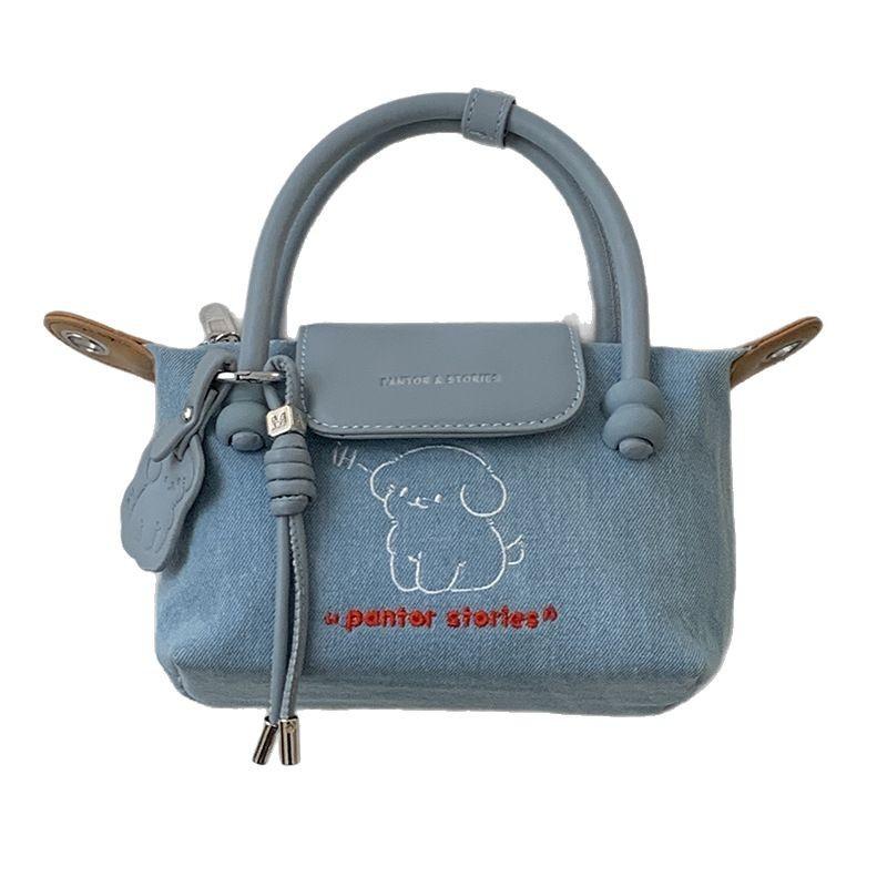 Korean version of casual handbag small bag women 2025 new cartoon puppy embroidered small square bag denim messenger bag
