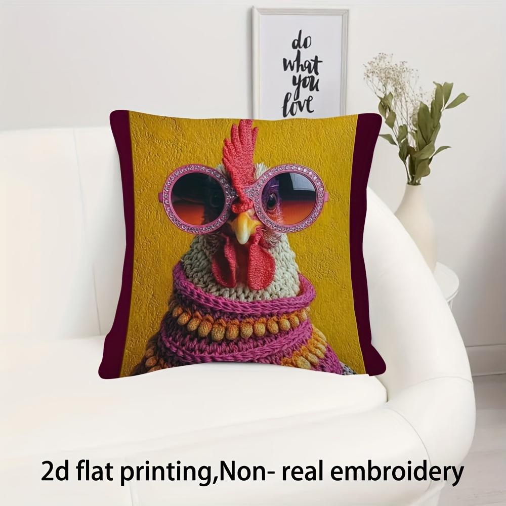 2D Flat- Fun Trendy Rooster Throw Pillow Cover, Cute Fashionable Chicken Decorative Pillow Case for Sofa Bedroom Living Room