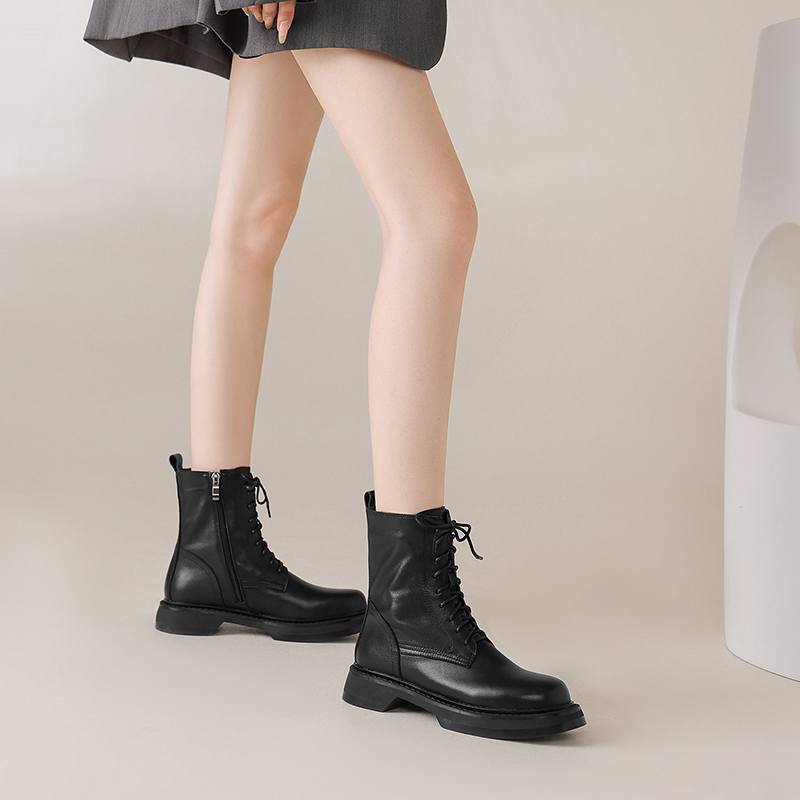 Krazing Pot Cow Skin Natural Fur Autumn Winter Shoes Thick Heels Western Boots Round Toe Keep Warm Lace Up Ankle Boots