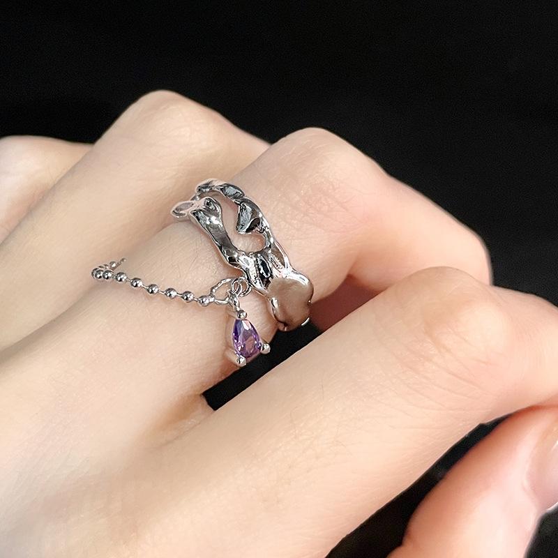 Niche Design Cold Wind Advanced Sense Zircon Chain Moonstone Open Ring Personalized Index Finger Ring Female