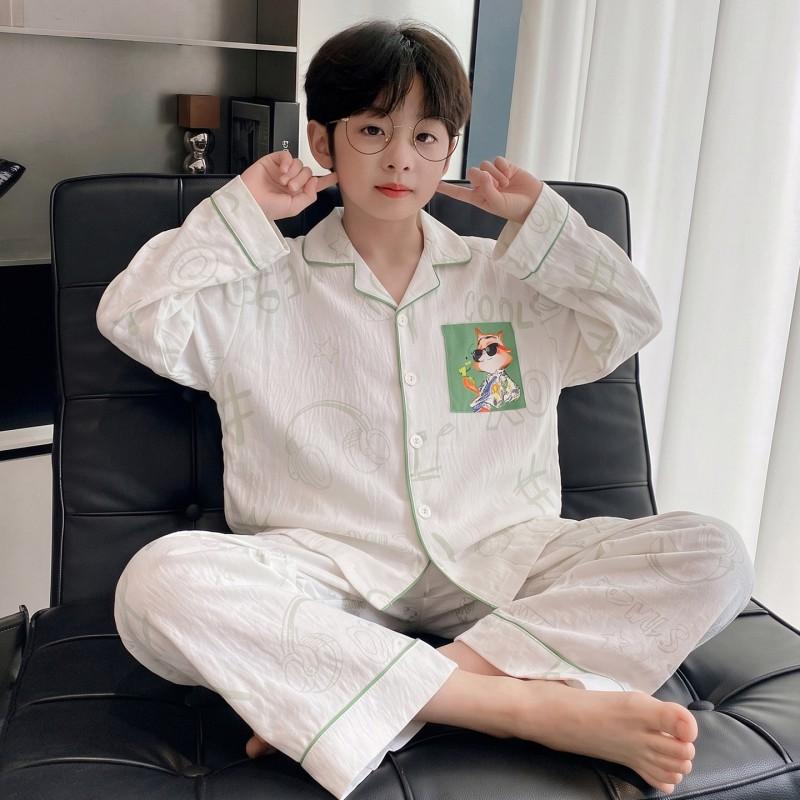 Boys Cotton Pajama Set Long Sleeve Hoodie Sleepwear Kids Teens 2026 Soft Cloud Home Wear