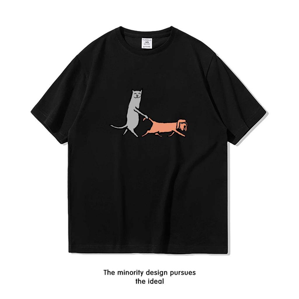 ZX Fun Cat Walking Dog Shortsleeved Tshirt for Men and Women Trendy Loose Pure Cotton Couple Halfsleeved Clothes