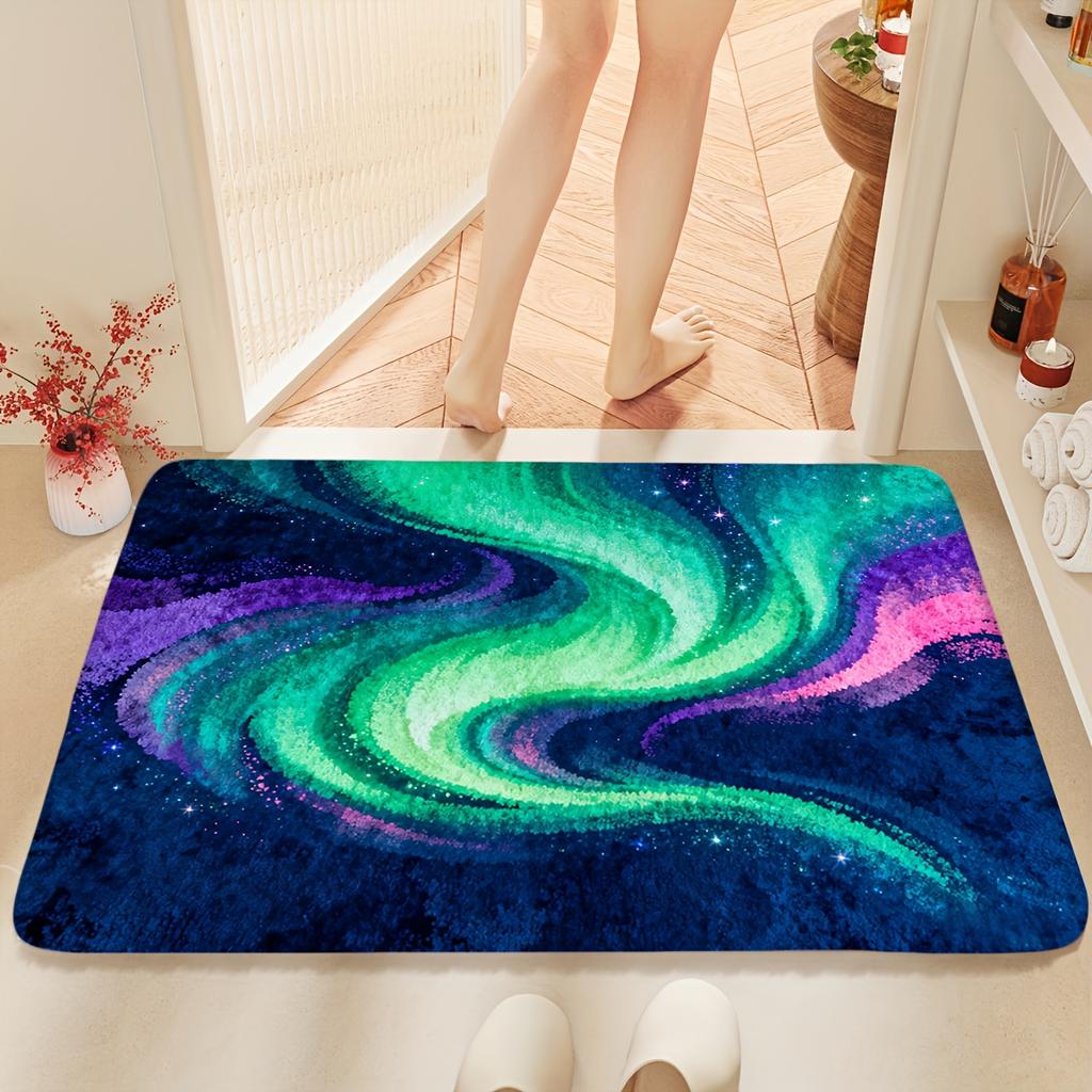 Northern Lights Printed Flannel Doormat With Galaxy Swirl And Star Design Soft Non Slip Welcome Mat For Home Entryway Decor