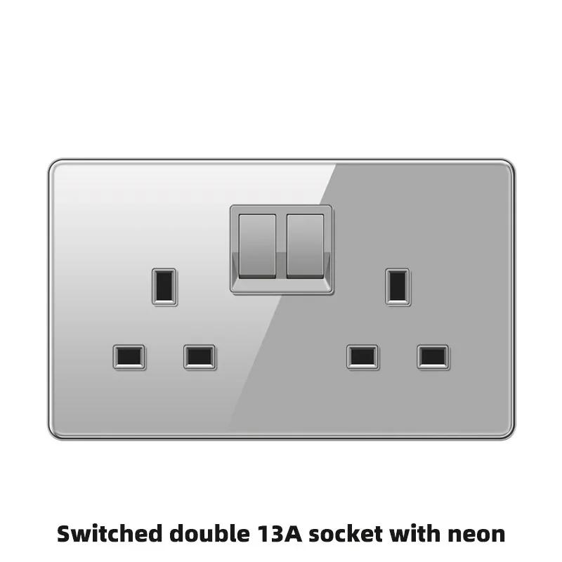 Deluxe Grey Tempered Glass Panel UK 13A Plug Electrical Socket, Double 5 Pin Socket and Switch, EU Universal USB C Wall Socket