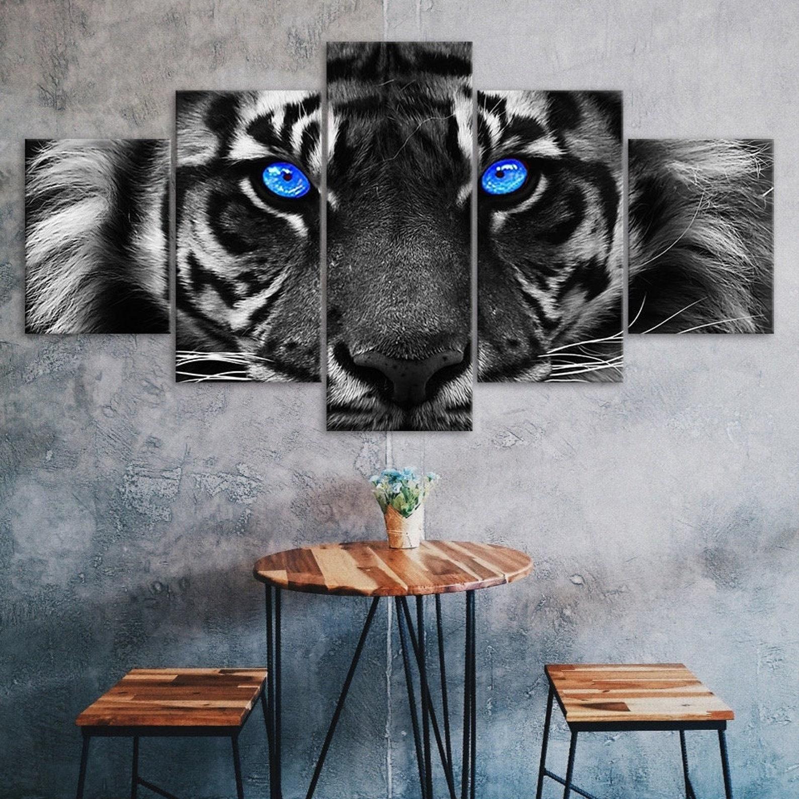 Tiger Blue Eyes Wild Animal 5 Piece Five Panel Wall Canvas Print Modern Art Poster Picture Home Decor Gift For Him For Her 20X35 20X45 20X55CM