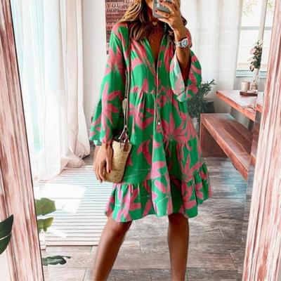 Women Summer Dress A Line Skirt Loose Trumpet Sleeve Long Sleeves Printing Dress-up