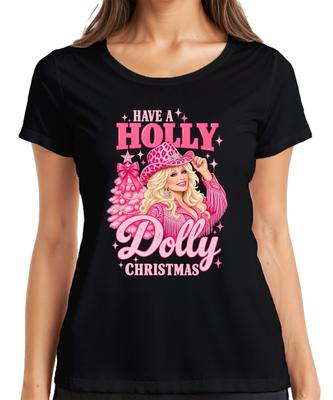 Have A Holly Dolly Christmas Pink Cowgirl Country Western Singer Womens T-Shirt