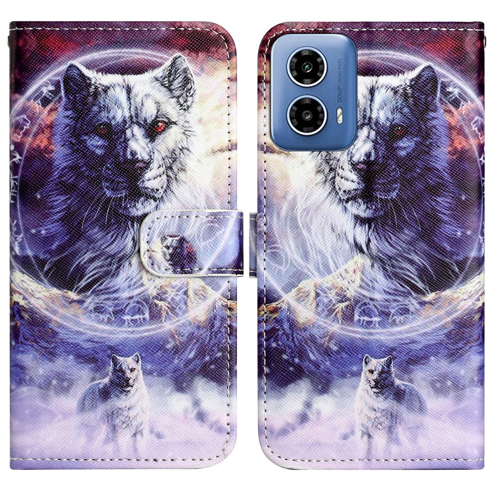 

For Motorola Moto G35 5G Case Pattern Print PU Leather Wallet Phone Cover Cross Texture Snow Wolf