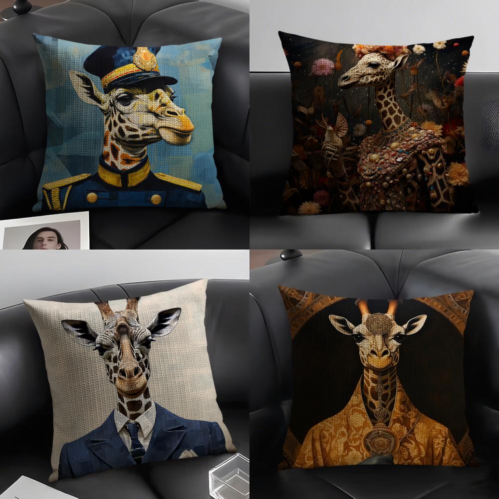 Retro Dressed Up Giraffe Pillow Case Pattern Printed Pillowcase For Living Room Sofa Cushion Cover Bedroom Decor