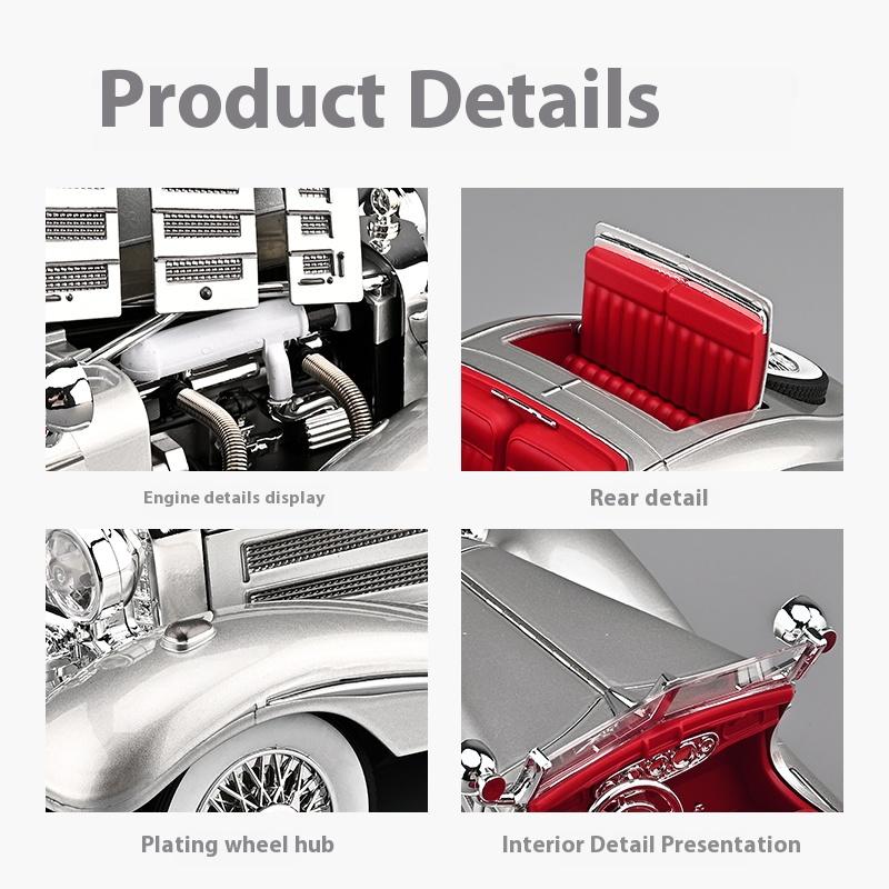 Large 1/18 Benz 500K Alloy Die Cast Classic Car Model Simulation Sound Light Retro Car Model Ornament Boy Gift Halloween Toys