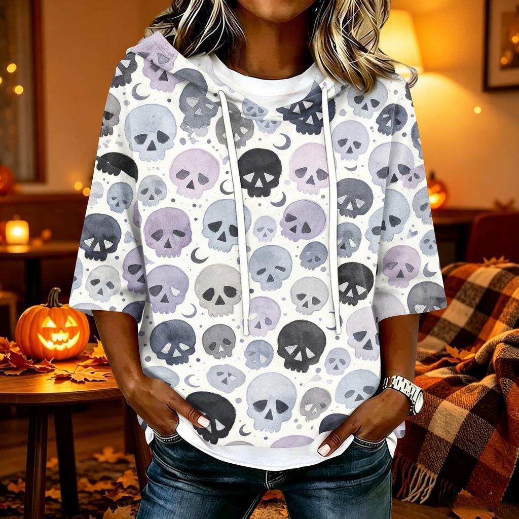 Women's Halloween Printed Hooded 3/4 Sleeve Casual Loose Fit Pullover
