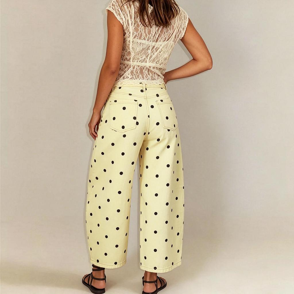 TEMU Women's Mid-Waist Loose Straight-Leg Cropped Jeans with Large Polka Dots